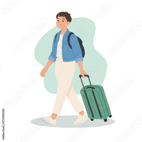 Young traveler woman walking with suitcase and backpack, concept of journey, vacation, and modern travel lifestyle, flat vector illustration for tourism, airport, or adventure themes.