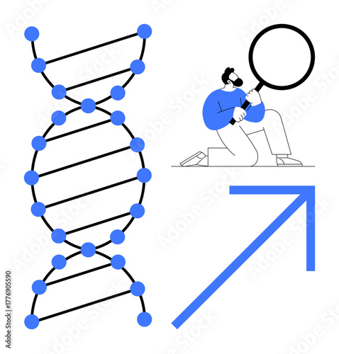 DNA double helix, person analyzing with a magnifier, and an upward arrow. Ideal for science, genetics, research, analysis, discovery, innovation growth themes simple flat metaphor
