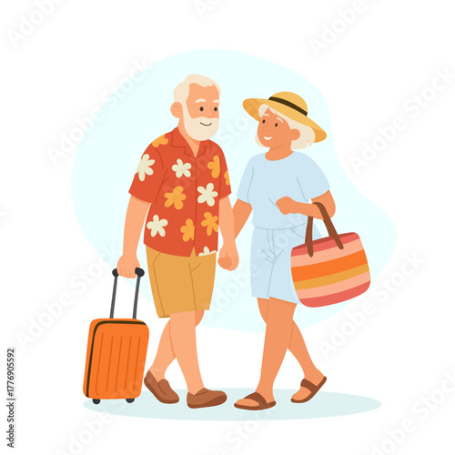 Happy senior couple traveling together with suitcase and summer clothes, holding hands and smiling, concept of retirement travel, vacation, love, and active lifestyle, flat vector illustration.