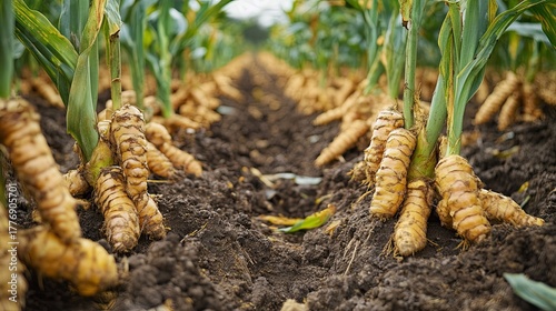 Turmeric harvest in a field, rows of plants, agriculture, rural scene, food production