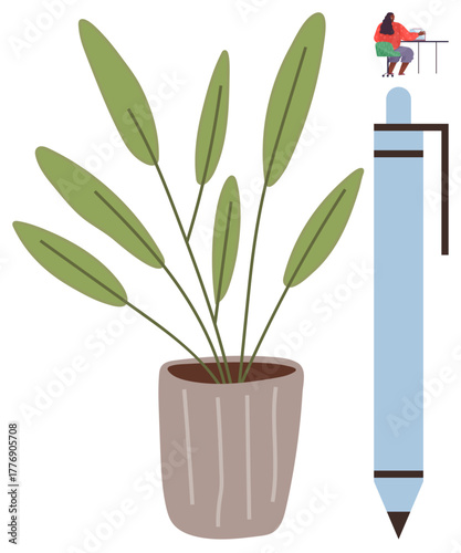 Large potted plant, oversized pen, and small figure seated at a work desk. Ideal for creativity, inspiration, workspace, office decor, writing minimalism productivity. Simple flat metaphor