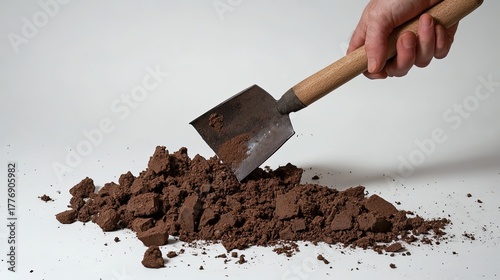 Hand holding shovel scooping dark soil against white background; gardening, agriculture, construction
