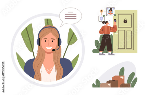 Smiling customer support agent with headset, user at smart locked door accessing delivery, packages on ground. Ideal for delivery, security, e-commerce, technology, customer support, smart home