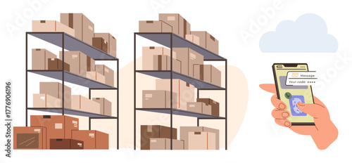 Warehouse racks with orderly boxes and a hand holding a smartphone displaying a barcode scanner app. Ideal for e-commerce, supply chain, logistics, inventory, shipping, retail, and technology. Simple