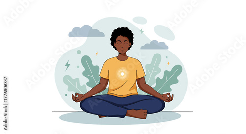 Illustration of woman meditating in lotus pose with sun symbol on chest