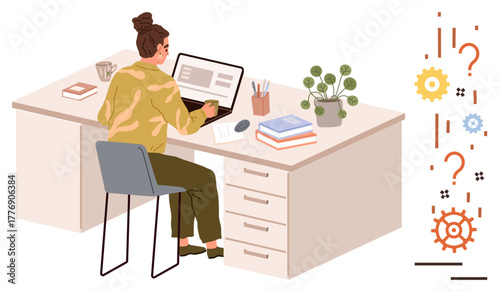 Woman focused on laptop at office desk with coffee mug, books, potted plant, and abstract gear visuals. Ideal for productivity, remote work, creativity, learning, time management business strategy
