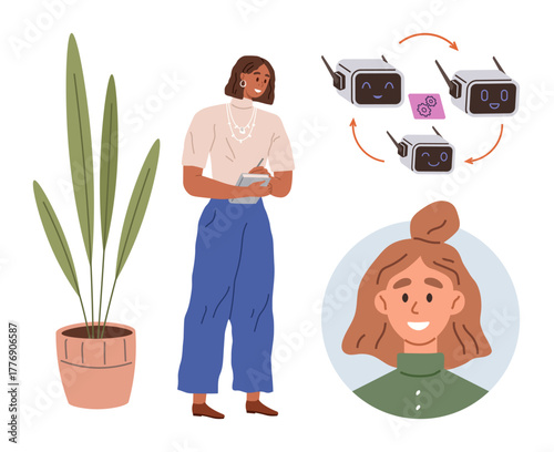 Woman with notebook, tall plant, robotic faces with interaction arrows, smiling profile image. Ideal for innovation, AI, teamwork, process education creativity learning. Simple flat metaphor