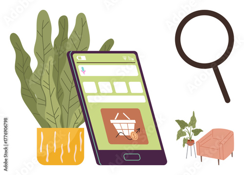 Smartphone with shopping cart growth icon, magnifying glass, plants in pots, and armchair. Ideal for e-commerce, online shopping, growth, retail, search technology and modern living simple flat