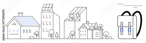 Urban skyline featuring solar panels on buildings, green rooftop gardens, trees, and an eco-conscious backpack. Ideal for sustainability, renewable energy, eco-living, green technology, urban