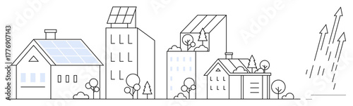 Residential and commercial buildings equipped with solar panels, surrounded by trees and green spaces. Ideal for sustainability, renewable energy, modern living, environment, clean growth