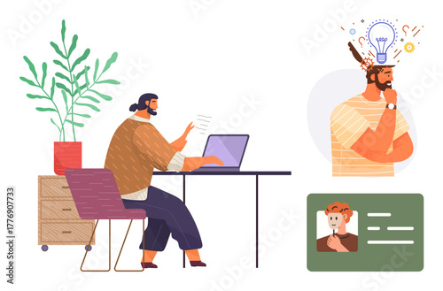 Person typing on laptop at desk beside plant and drawer, thinking of creative ideas. Thoughtful person element with lightbulb. Ideal for creativity, work, brainstorming, ideas, innovation, profile