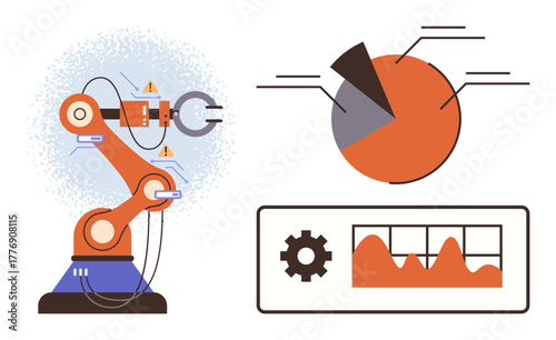 Robotic arm performing tasks beside charts displaying data analysis metrics and graphs. Ideal for technology, industry, manufacturing, AI, automation, engineering, data visualization. Compact