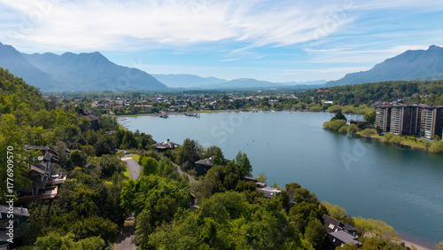 Aerial view of the city of Pucón, in southern Chile. The Villarrica Volcano can be seen in the background.