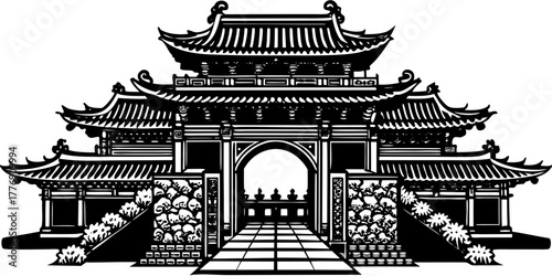 Traditional Asian gate illustration with intricate designs and architectural details leading into serene courtyard. 