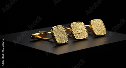 Exquisite Gold Cufflinks: Intricate Floral Engraving on Black Background.