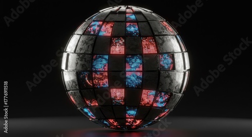 Futuristic Globe: Metal Panels with Glowing Red and Blue Pixel Displays on Black