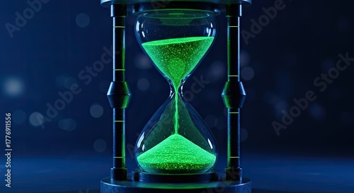 Futuristic Hourglass with Glowing Green Sand and Bokeh Background
