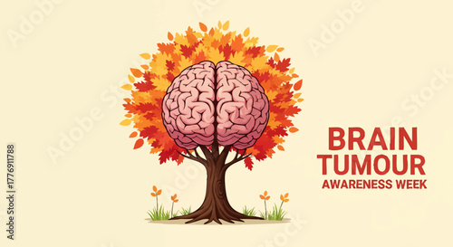 Illustration depicting a brain shaped like a tree crown with autumn leaves, promoting Brain Tumour Awareness Week.