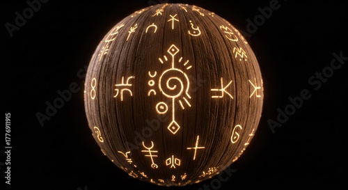 Glowing Wooden Orb with Ancient Symbols, Mystical, Dark Background, 3D Render.