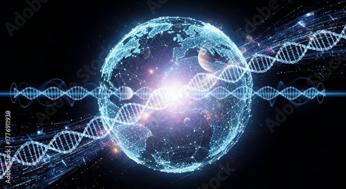Global DNA Helix: A futuristic digital depiction of the Earth, interwoven with strands of DNA, symbolizing the interconnectedness of life and science in the digital age.