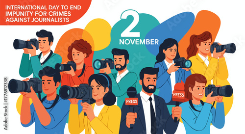 Illustration commemorating International Day to End Impunity for Crimes Against Journalists, featuring people holding cameras and microphones.