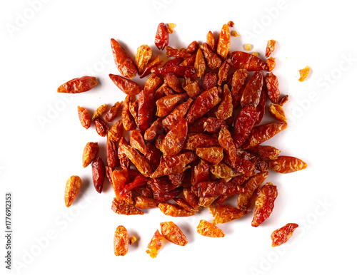 Tablou pe pânză Dried bird's eye chili peppers pile isolated on white background, top view