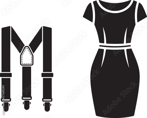 Black Suspenders and Elegant Dress Silhouette Icon on White Background