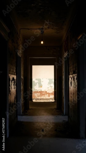 Wallpaper Mural Zoom out from a narrow, dark, abandoned prison cell hallway with a light bulb above, revealing a brick wall at the end, surveillance footage. Vertical video Torontodigital.ca