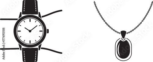 Monochrome Flat Design Icons of Watch and Pendant Necklace