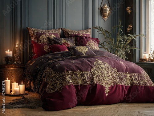 Elegant bedroom with a luxurious, dark purple bed adorned with intricate gold patterns. Candles add a soft, warm glow to the sophisticated room.