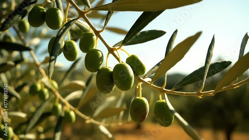 Olive Branch with Green Olives Growing in Orchard Close Up