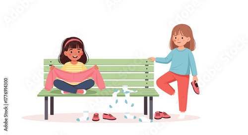 Joyful children sorting clothes and shoes on a park bench, learning to organize their belongings with happy smiles and playful energy