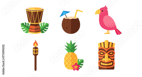 Plan your tropical getaway with these fun island icons including a drum, coconut drink, tiki mask, pineapple, torch and pink bird for a luau party
