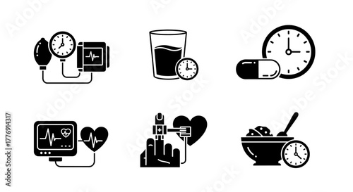 Essential health icons including blood pressure monitoring, hydration, medication timing, vital signs, oxygen levels, and balanced nutrition for wellness
