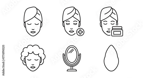 Modern beauty icons showcase skincare routine elements like faces, cream, mirror, and sponge for health and wellness inspiration