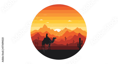 Explore the majestic desert landscape with a camel and rider under the warm sunset in this serene desert scene, perfect for travel and adventure themes