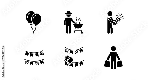 Celebrate life's moments with festive icons like balloons, grilling, confetti, and shopping bags for events and parties
