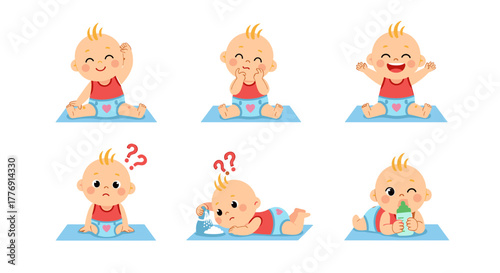 Adorable baby expresses six different emotions like joy confusion curiosity and contentment perfect for child development themes