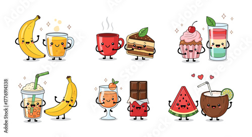 Delightful cartoon food and drink characters playfully interacting in joyful, vibrant scenes perfect for fun projects