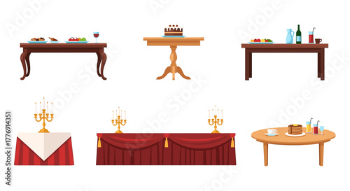 Elegant dining tables set for celebration featuring festive food, drinks, and decorative elements for any special occasion