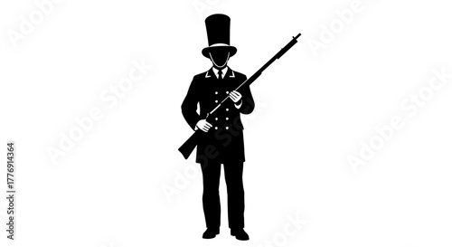 Dapper gentleman in top hat and suit holding rifle, symbolizing historical figures, security, or vintage style in a striking black silhouette