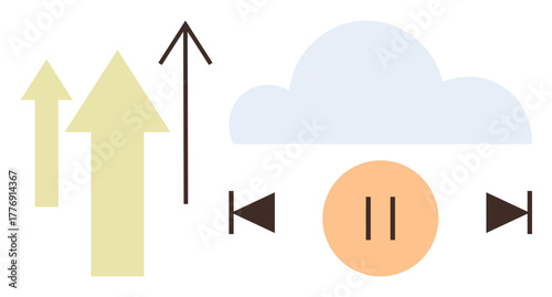 Upward arrows representing data upload to a cloud with media control buttons. Ideal for technology, cloud computing, data transfer, media storage, streaming, innovation, digital progress. Simple flat
