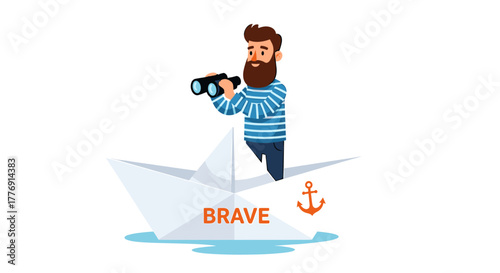 Adventurous sailor with binoculars on paper boat seeking new horizons, embodying courage and exploration