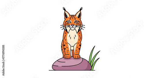 Majestic lynx perched alertly on a smooth stone with vibrant green grass adding a touch of wild nature