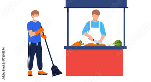 Dedicated worker in mask cleans outdoor market stall while vendor prepares fresh produce, ensuring hygiene and healthy food