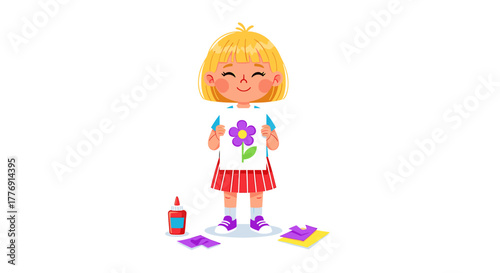 Joyful young artist proudly displays her vibrant purple flower craft, surrounded by colorful paper and glue for creative fun