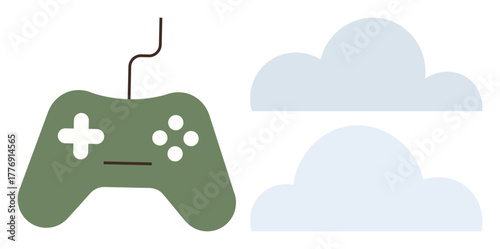 Gaming controller with buttons and cord next to floating blue clouds. Ideal for gaming, cloud storage, technology, digital entertainment, innovation, connectivity, creative design. Simple flat