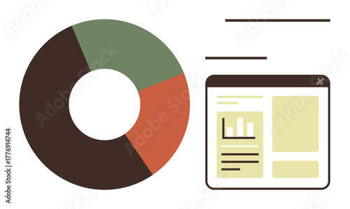 Pie chart with divided segments beside a browser window displaying graphs, numerical data, and text. Ideal for business analytics, reporting, market analysis, statistics, planning, strategy simple