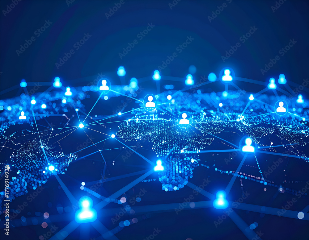 Obraz premium Blue digital world map with glowing connections and user icons, symbolizing global communication, social networks, and data flow.