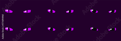Set of almost closed purple glowing eyes dark background fantasy magic cartoon animal reptile feline mammal monster demon dragon shiny pupil vector illustration